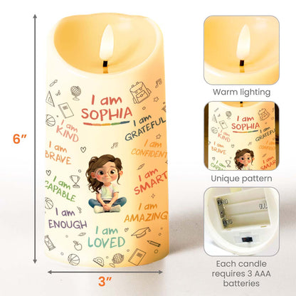 I Am Kind, Grateful and Amazing Candle With School Supplies and Girl