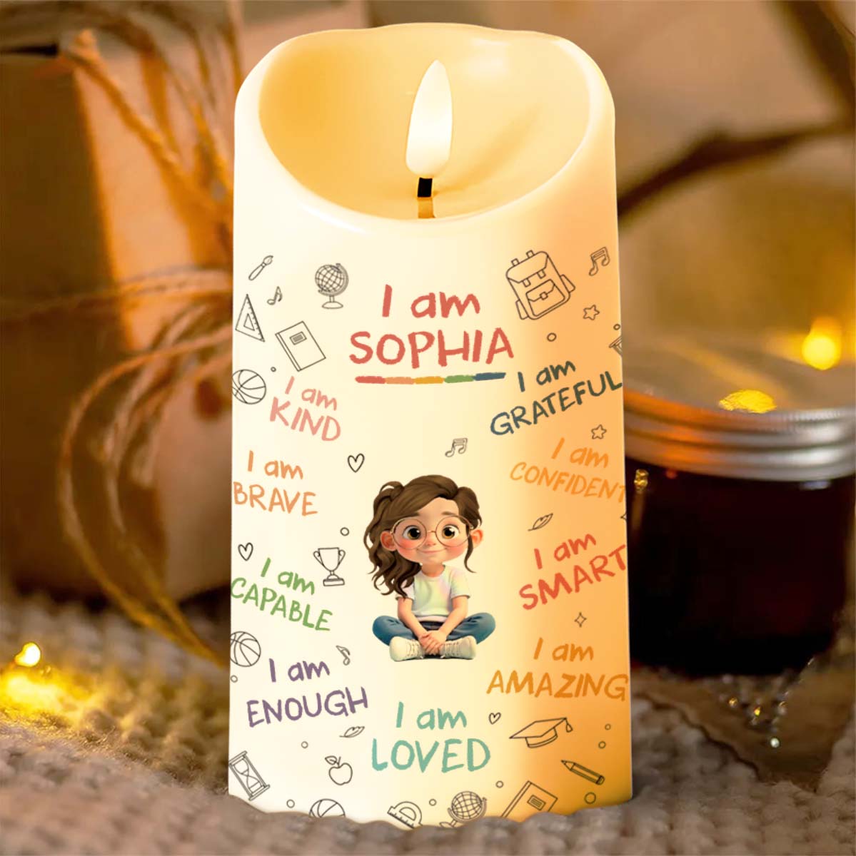 I Am Kind, Grateful and Amazing Candle With School Supplies and Girl