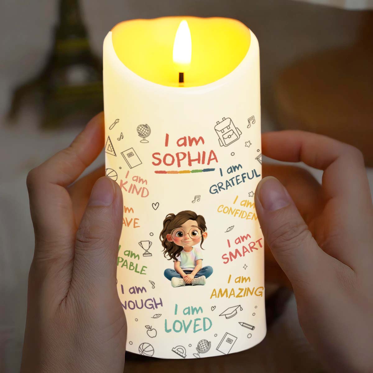 I Am Kind, Grateful and Amazing Candle With School Supplies and Girl