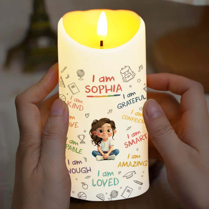 I Am Kind, Grateful and Amazing Candle With School Supplies and Girl
