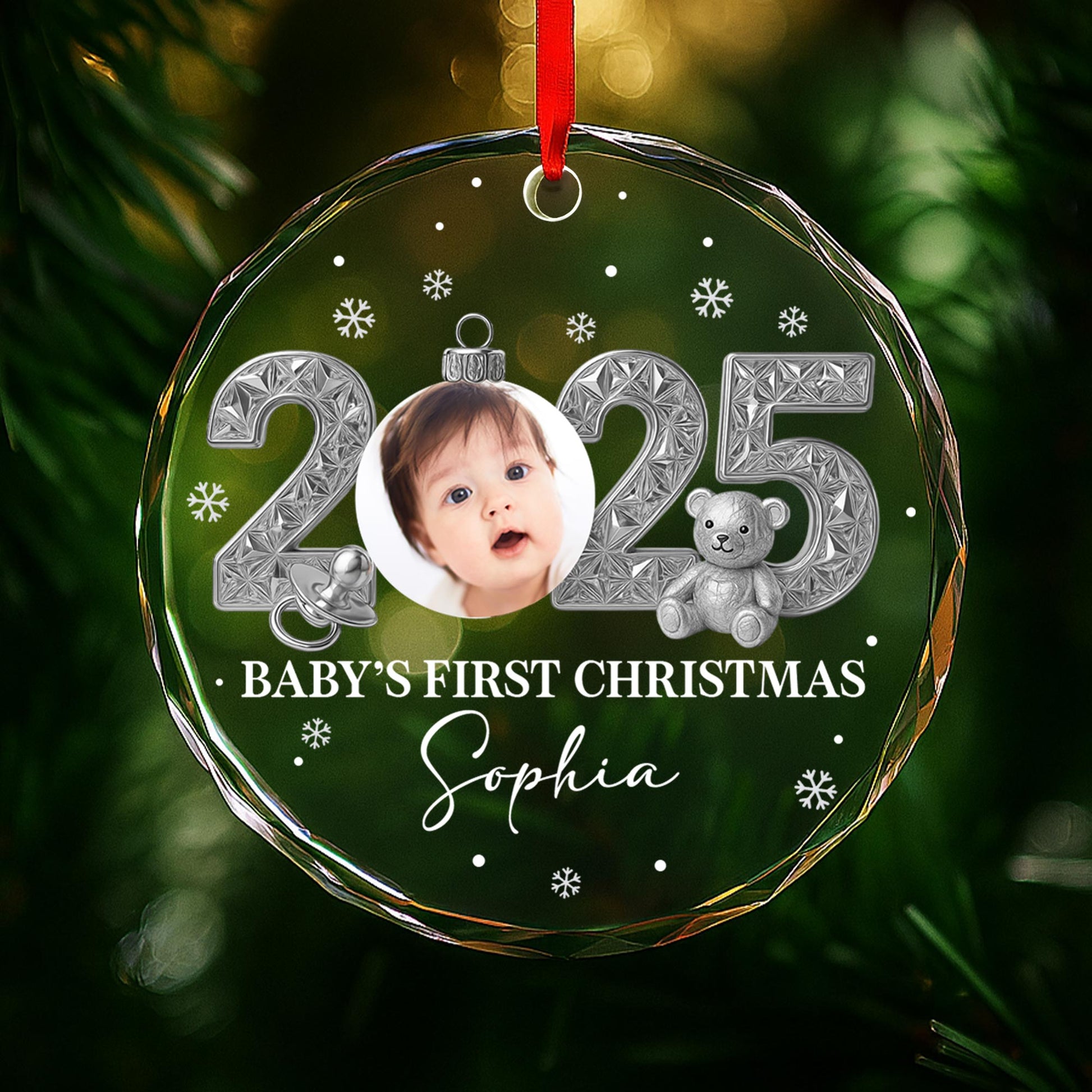 Baby’s First Christmas With Teddy Bear And Snowflakes