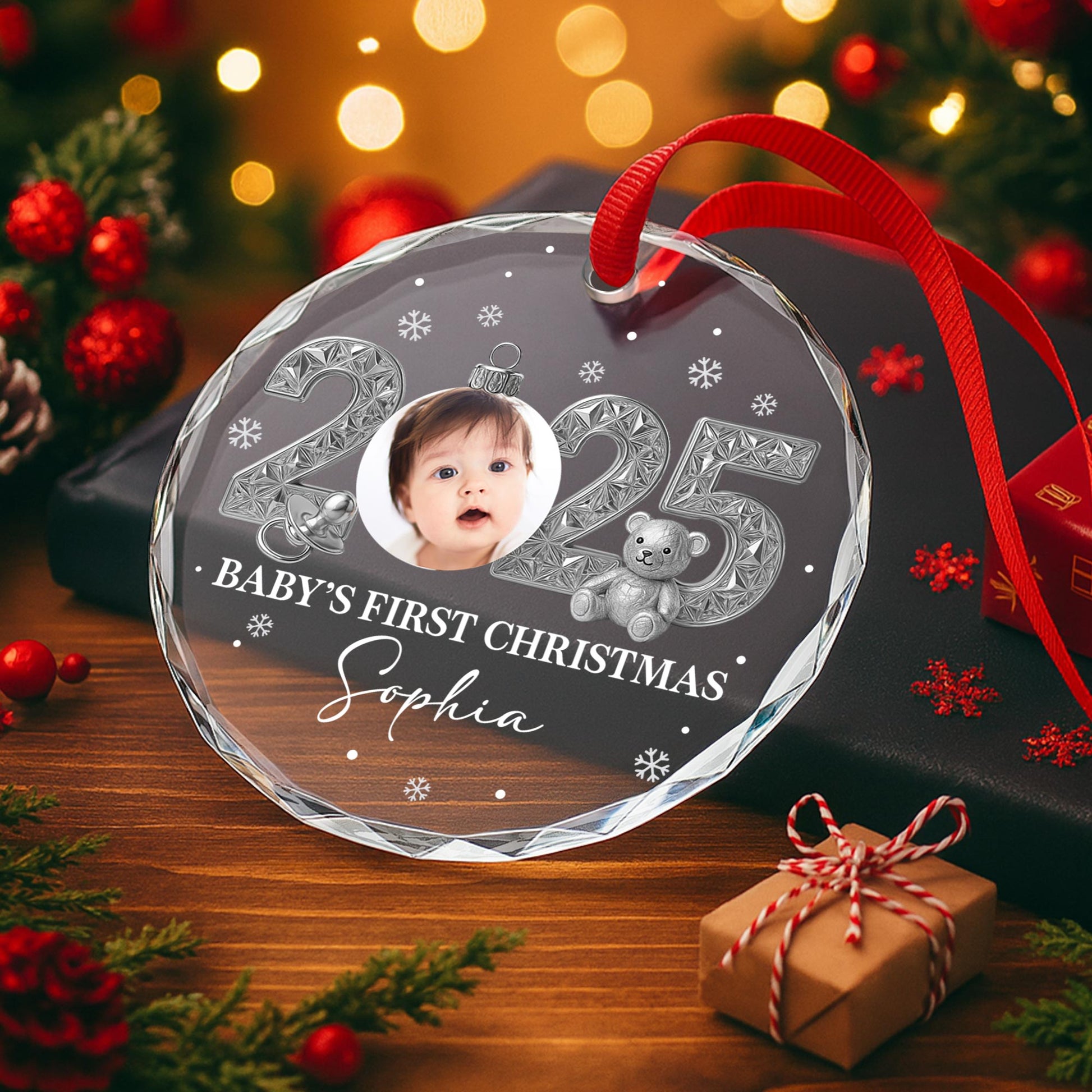 Baby’s First Christmas With Teddy Bear And Snowflakes