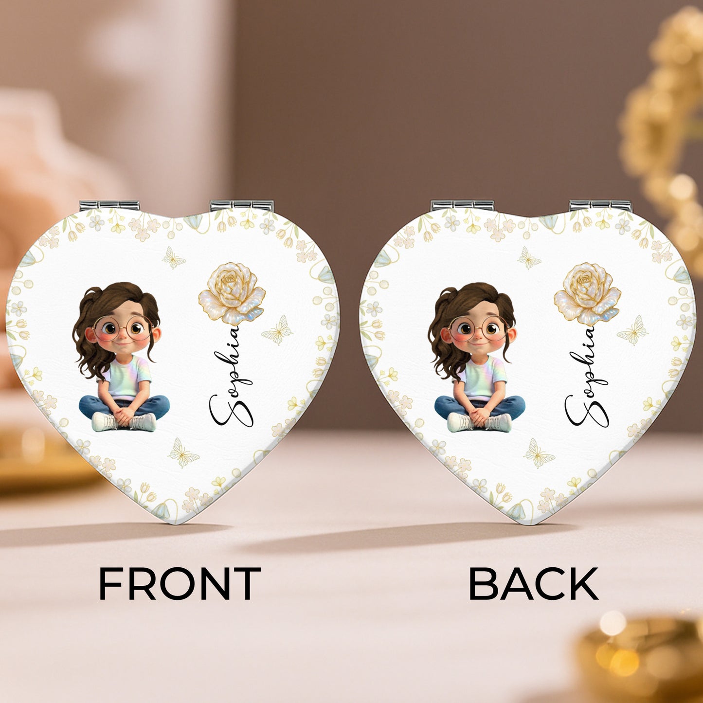 Personalized Art and Flowers Heart Compact Mirror