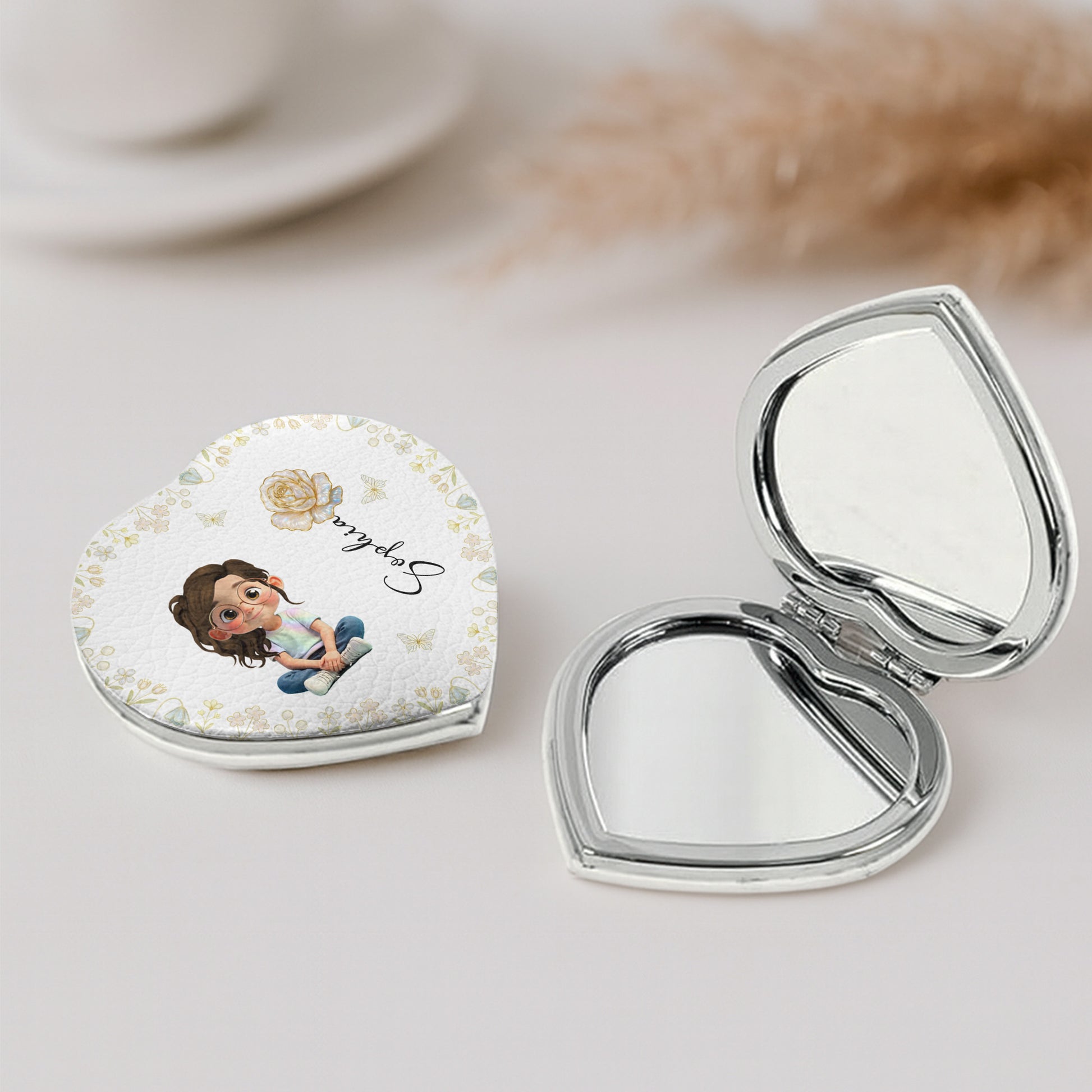 Personalized Art and Flowers Heart Compact Mirror