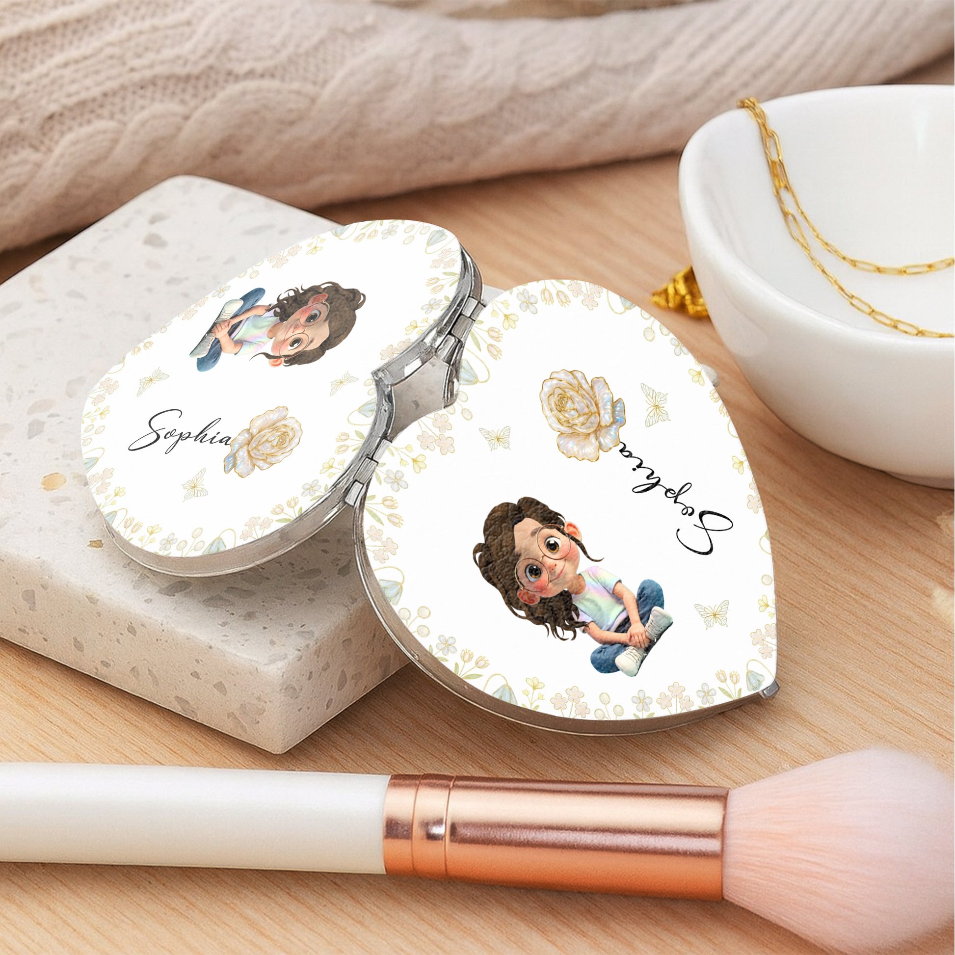 Personalized Art and Flowers Heart Compact Mirror