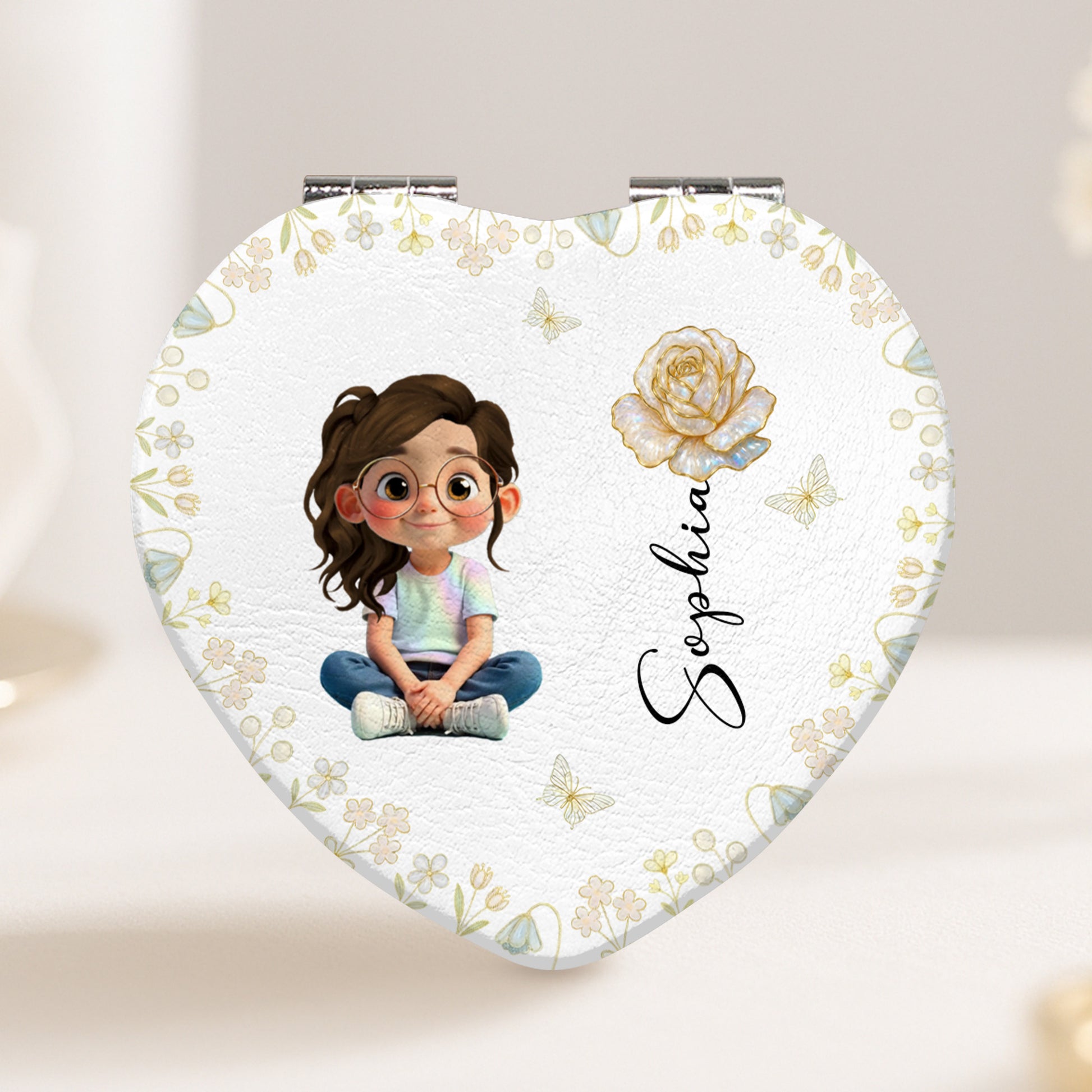 Personalized Art and Flowers Heart Compact Mirror