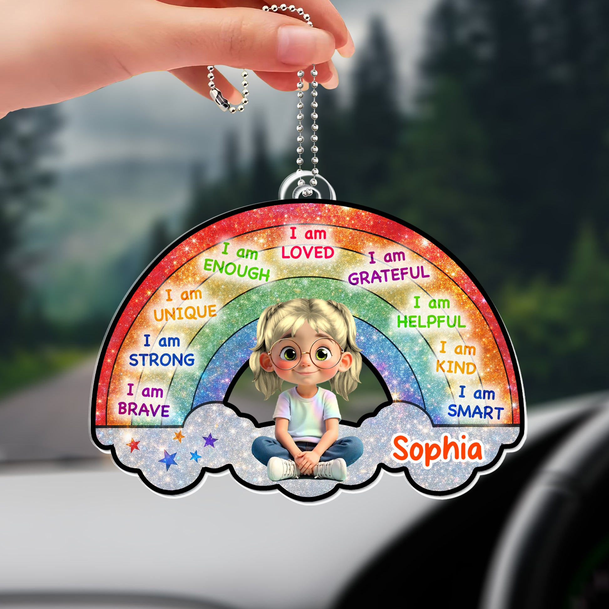 I Am Loved, I Am Grateful, Rainbow And Cartoon Girl Ornament