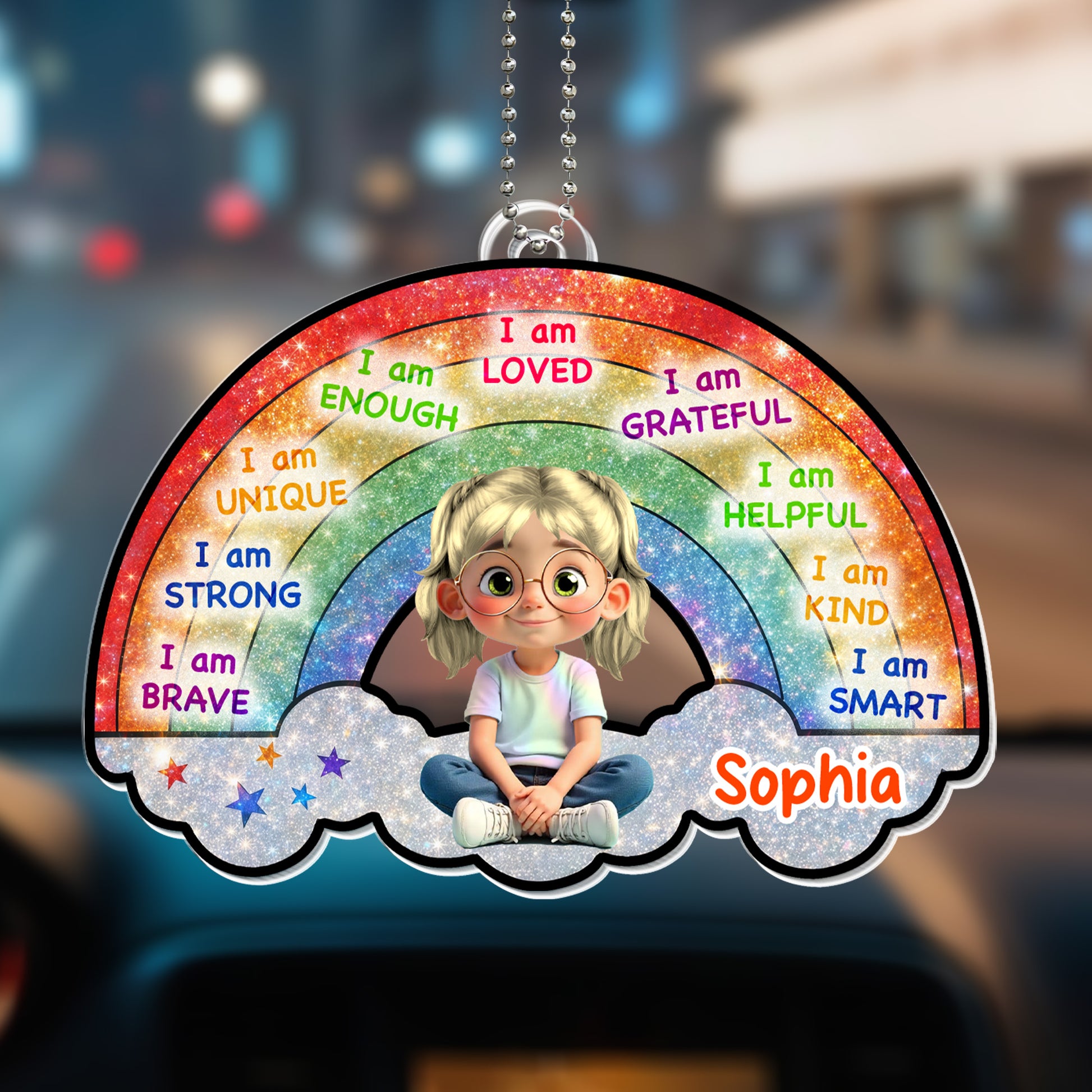 I Am Loved, I Am Grateful, Rainbow And Cartoon Girl Ornament