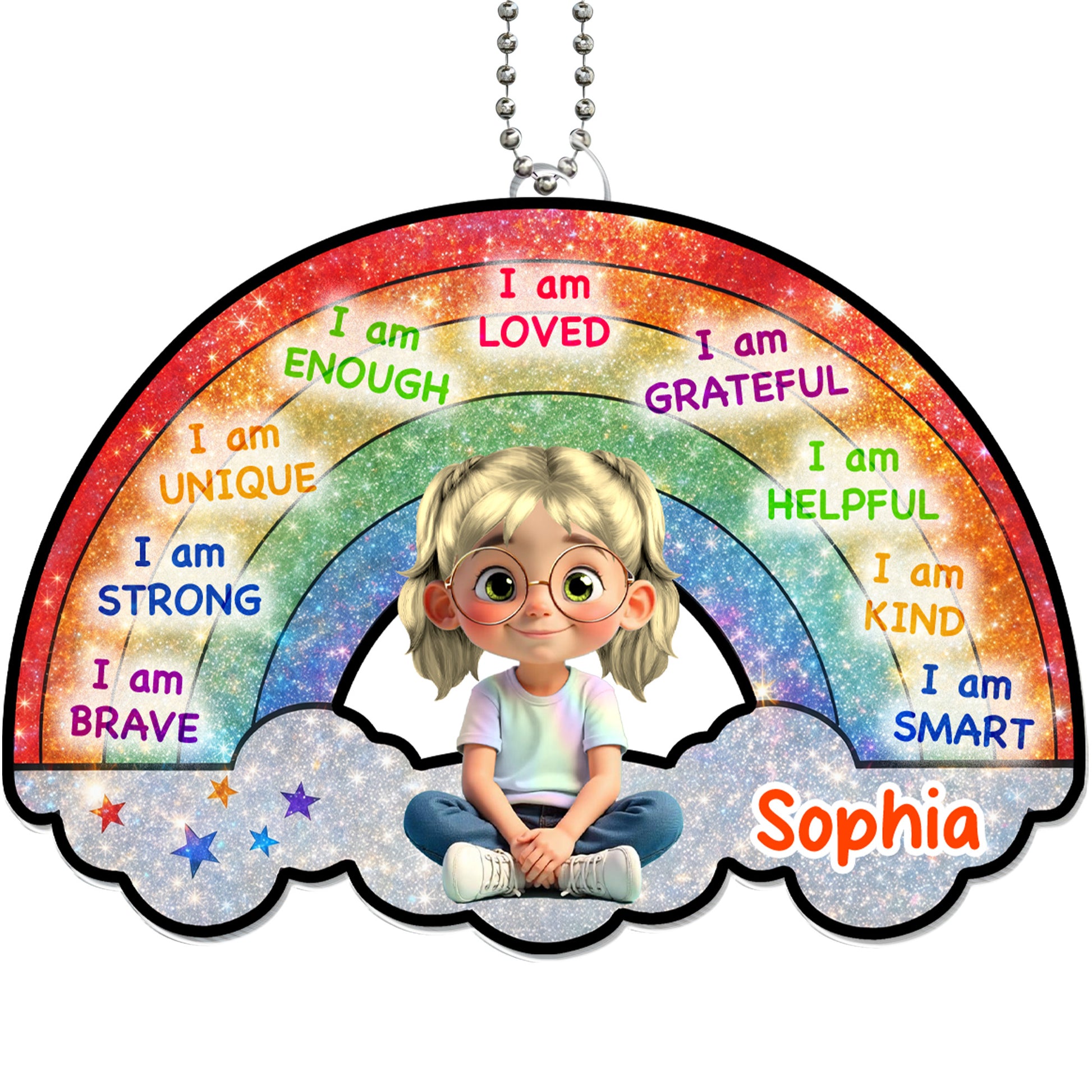 I Am Loved, I Am Grateful, Rainbow And Cartoon Girl Ornament