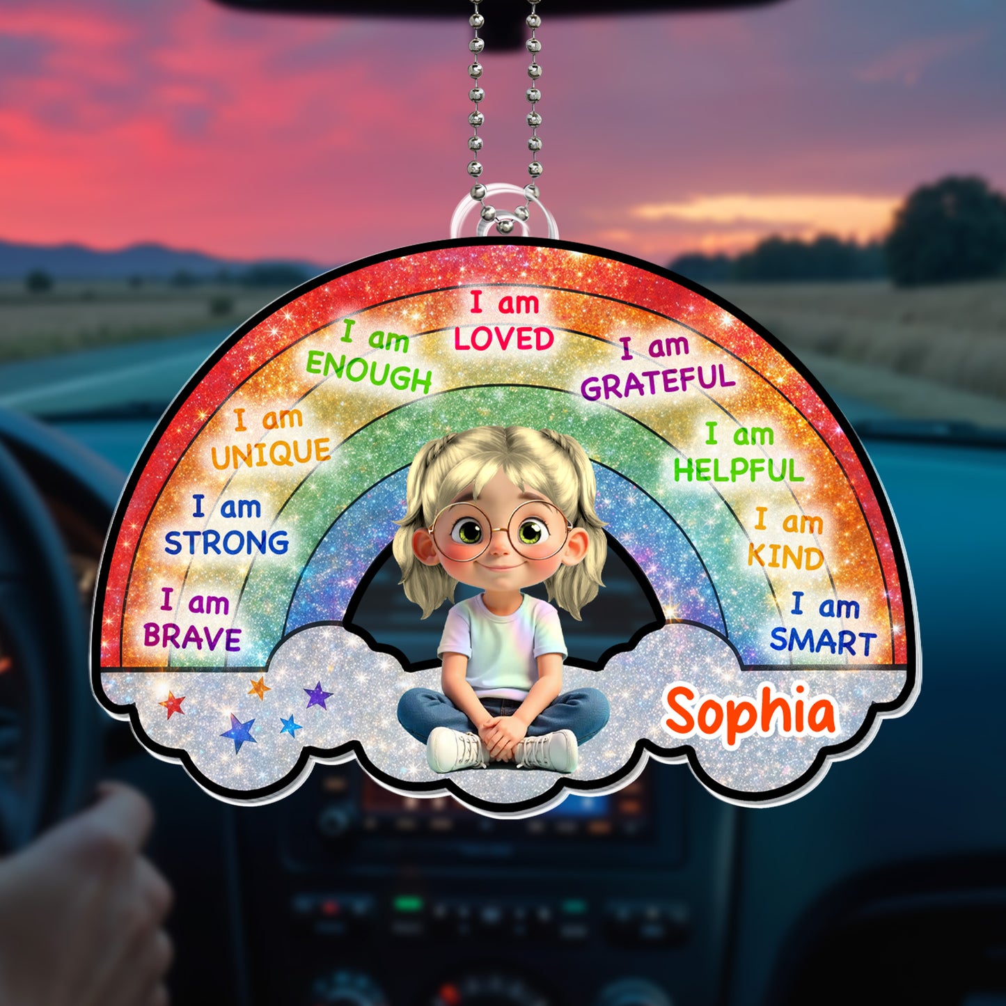 I Am Loved, I Am Grateful, Rainbow And Cartoon Girl Ornament