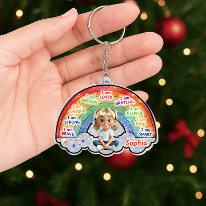 I Am Loved, I Am Grateful, Cartoon Girl Keychain
