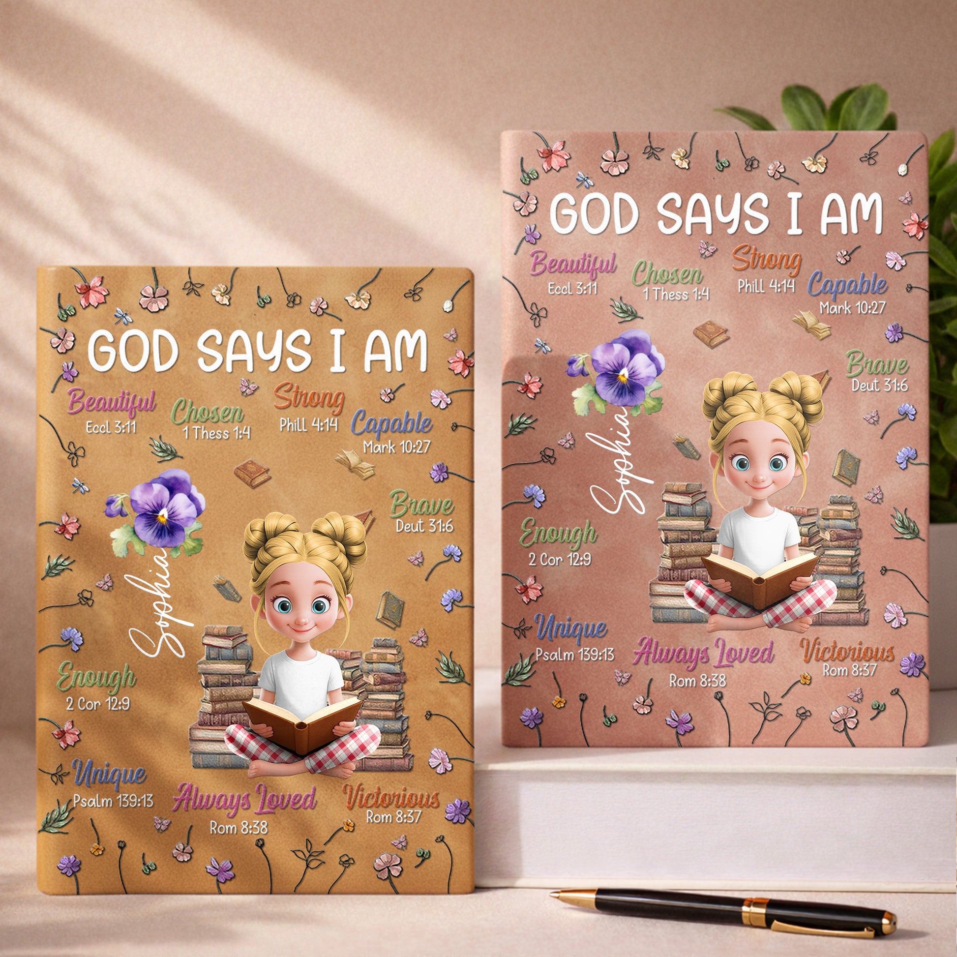 God Says I Am Beautiful, Chosen, Strong With Books And Flowers