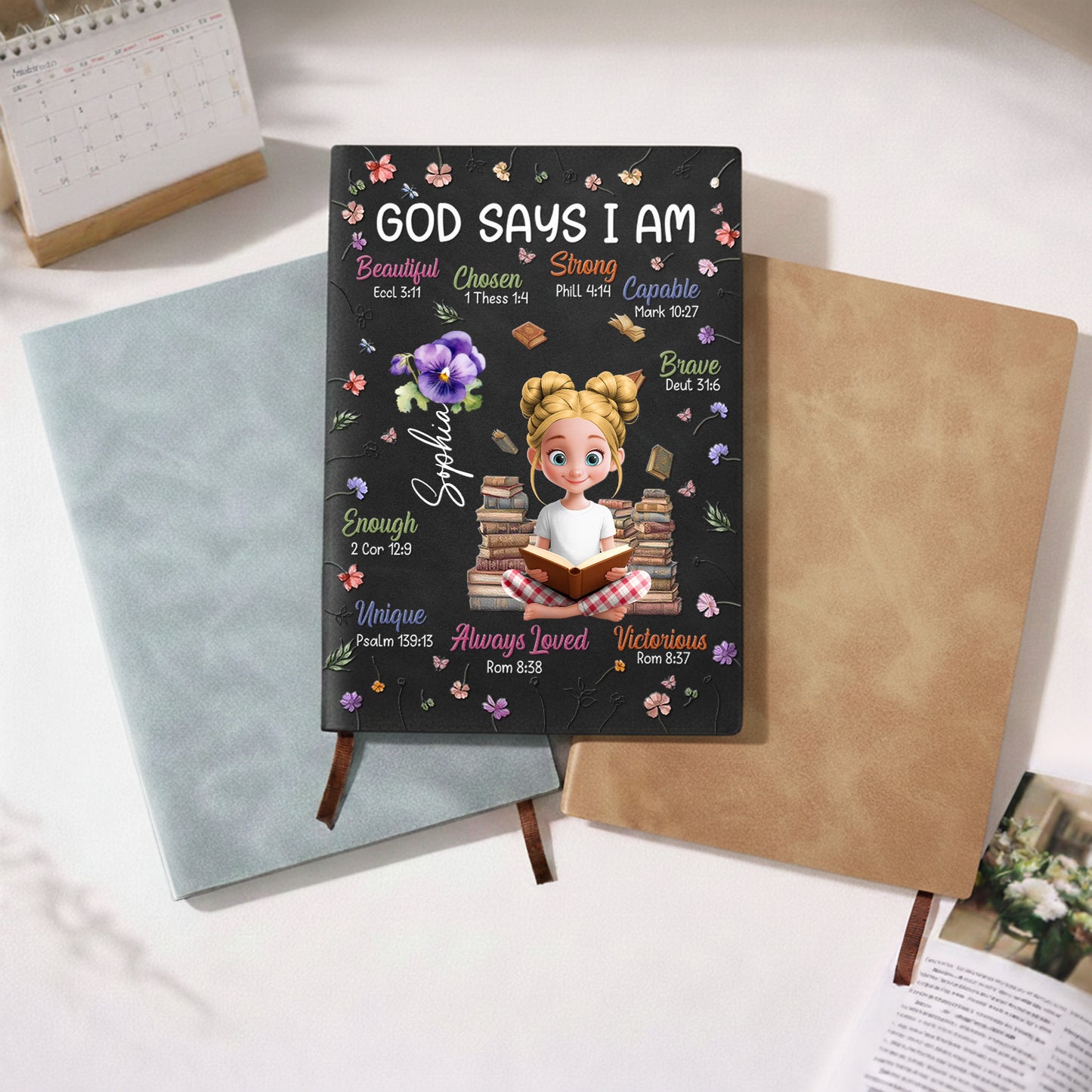 God Says I Am Beautiful, Chosen, Strong With Books And Flowers