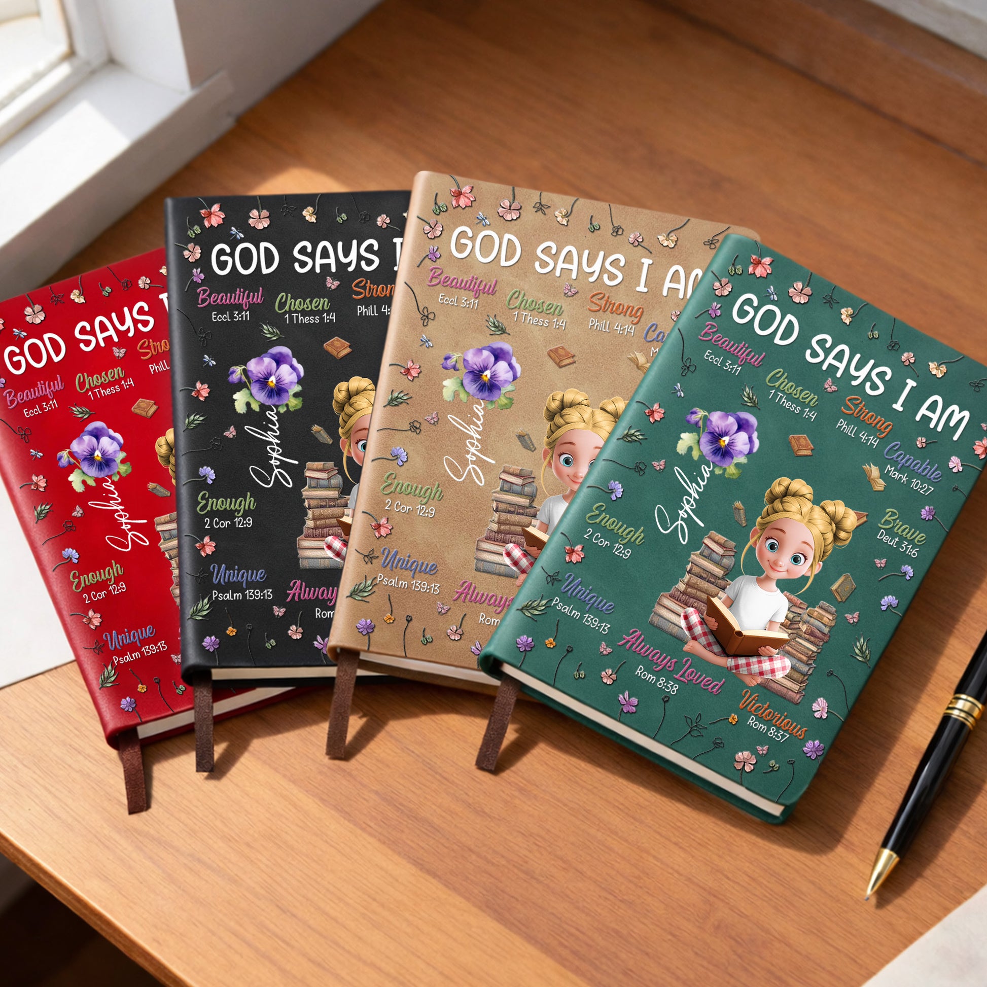 God Says I Am Beautiful, Chosen, Strong With Books And Flowers