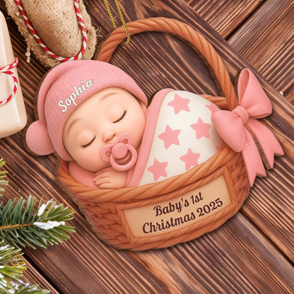 Celebrate Baby's First Christmas With Stars And Basket - Personalized Custom Wood Ornament, Custom Shaped - KID493_WDO