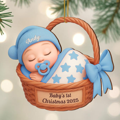 Celebrate Baby's First Christmas With Stars And Basket - Personalized Custom Wood Ornament, Custom Shaped - KID493_WDO