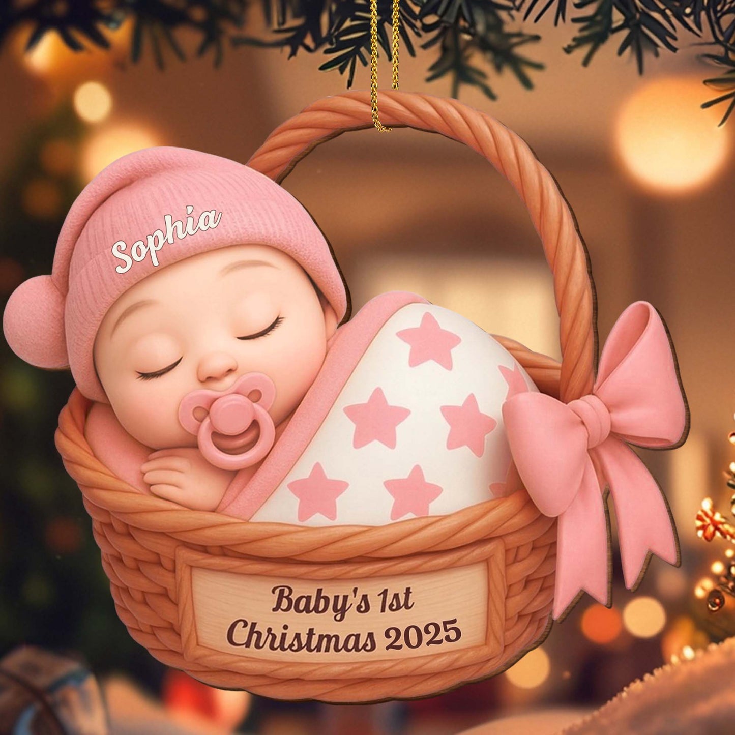 Celebrate Baby's First Christmas With Stars And Basket - Personalized Custom Wood Ornament, Custom Shaped - KID493_WDO