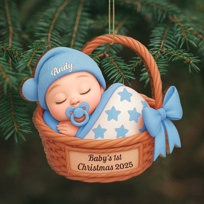 Celebrate Baby's First Christmas With Stars And Basket - Personalized Custom Wood Ornament, Custom Shaped - KID493_WDO