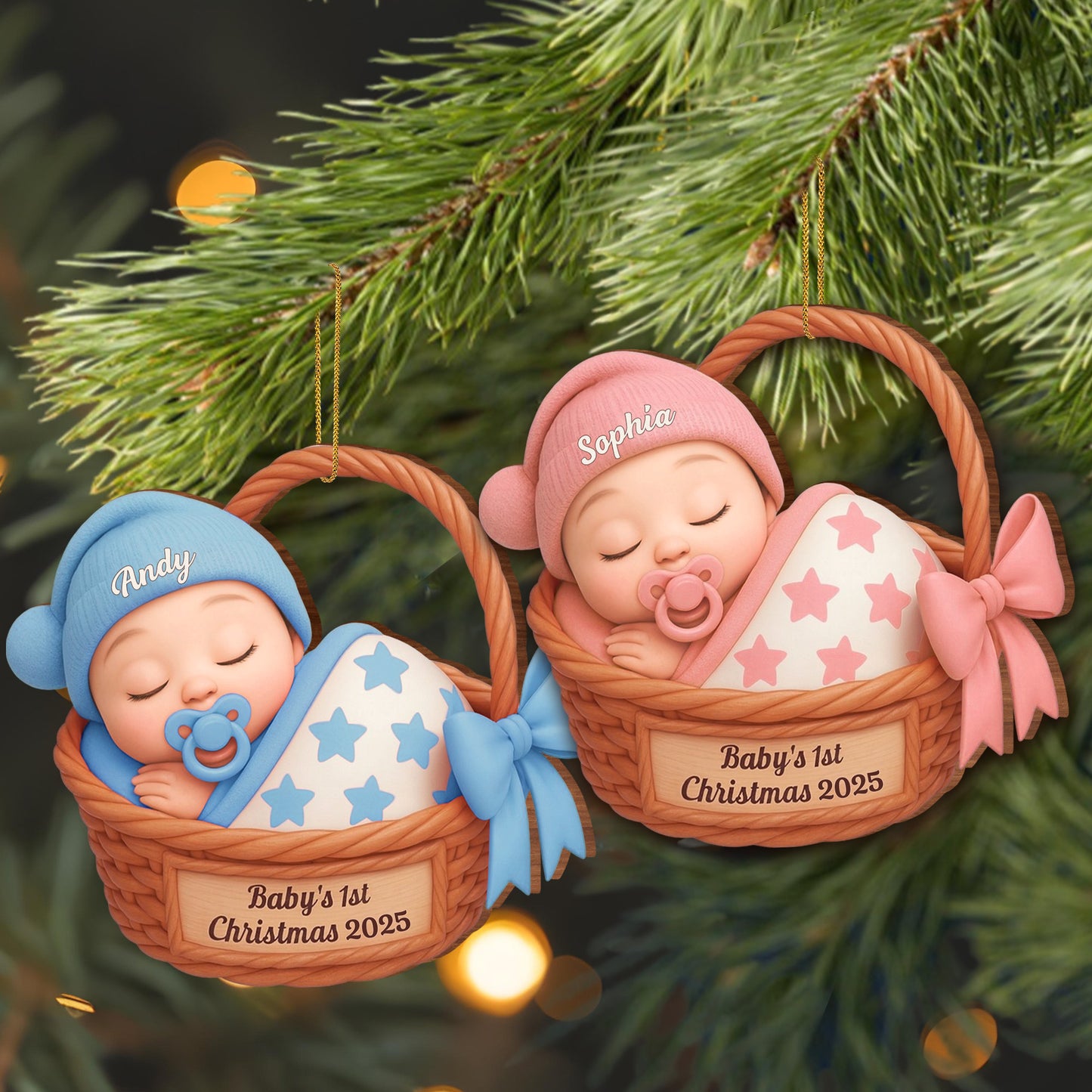 Celebrate Baby's First Christmas With Stars And Basket - Personalized Custom Wood Ornament, Custom Shaped - KID493_WDO