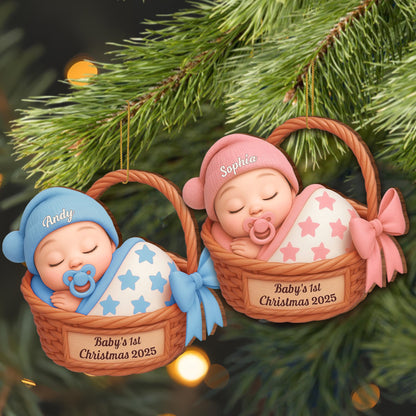 Celebrate Baby's First Christmas With Stars And Basket - Personalized Custom Wood Ornament, Custom Shaped - KID493_WDO