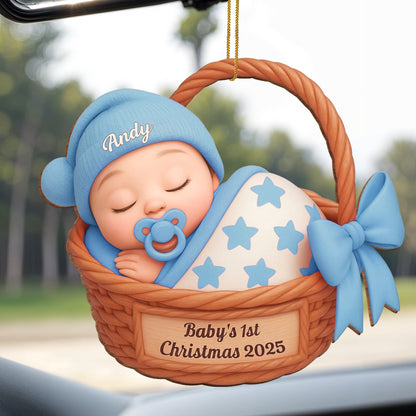 Celebrate Baby's First Christmas With Stars And Basket - Personalized Custom Wood Ornament, Custom Shaped - KID493_WDO