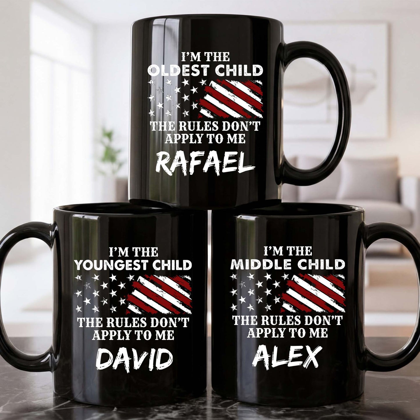 I'm The Youngest Child The Rules Don't Apply To Me Flag Stars - Personalized Custom Black Mug - KID497_BMUG
