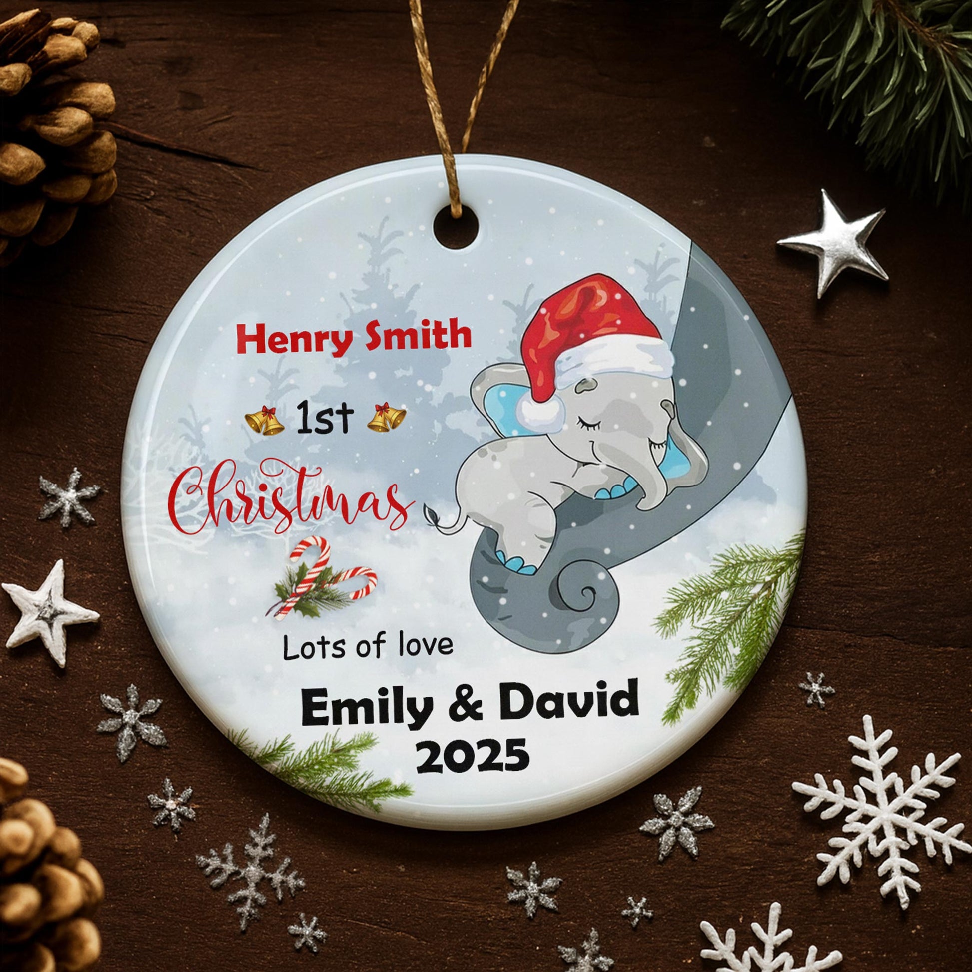 1st Christmas, Lots of Love, Elephant With Santa Hat