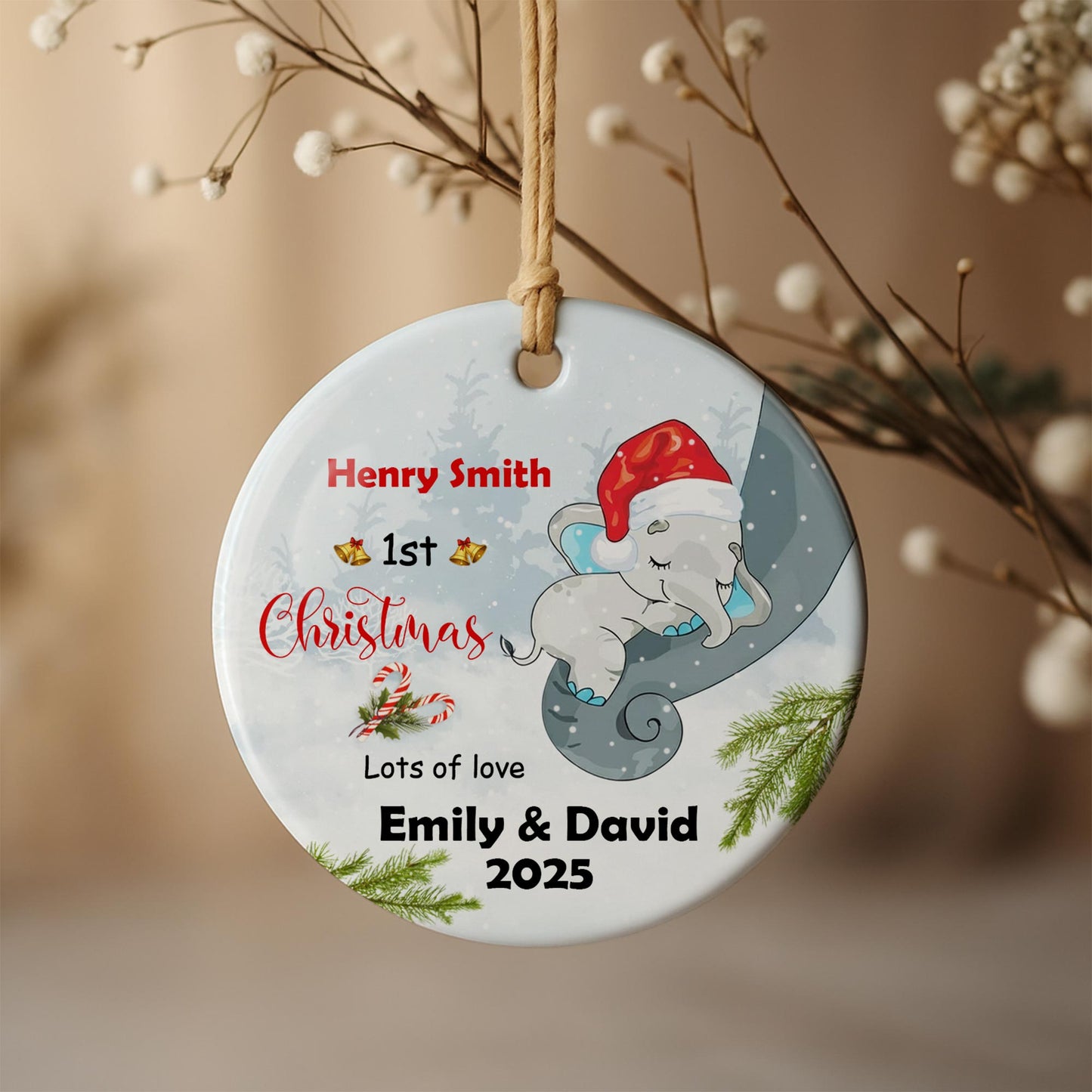 1st Christmas, Lots of Love, Elephant With Santa Hat