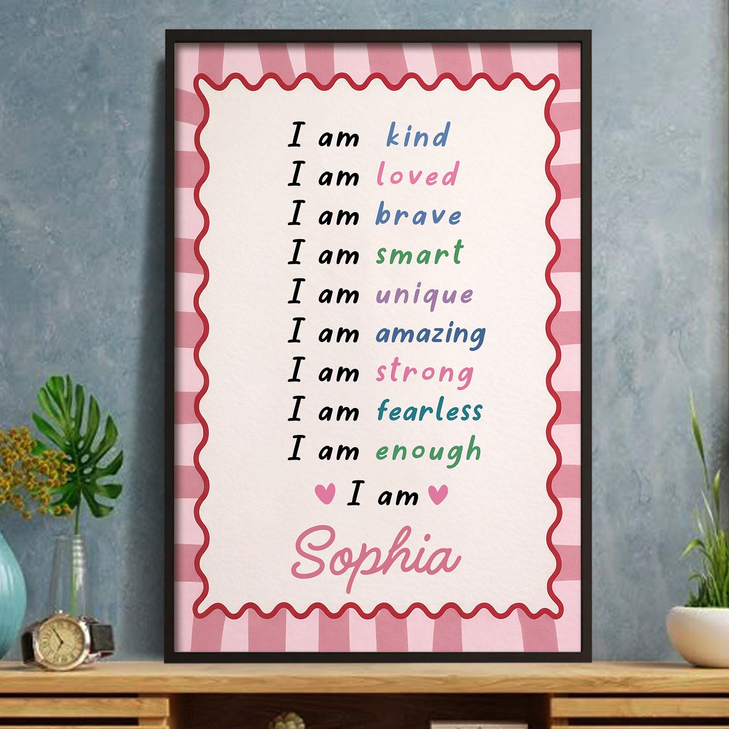 I Am Kind Loved Brave Affirmations With Hearts And Pink Stripes