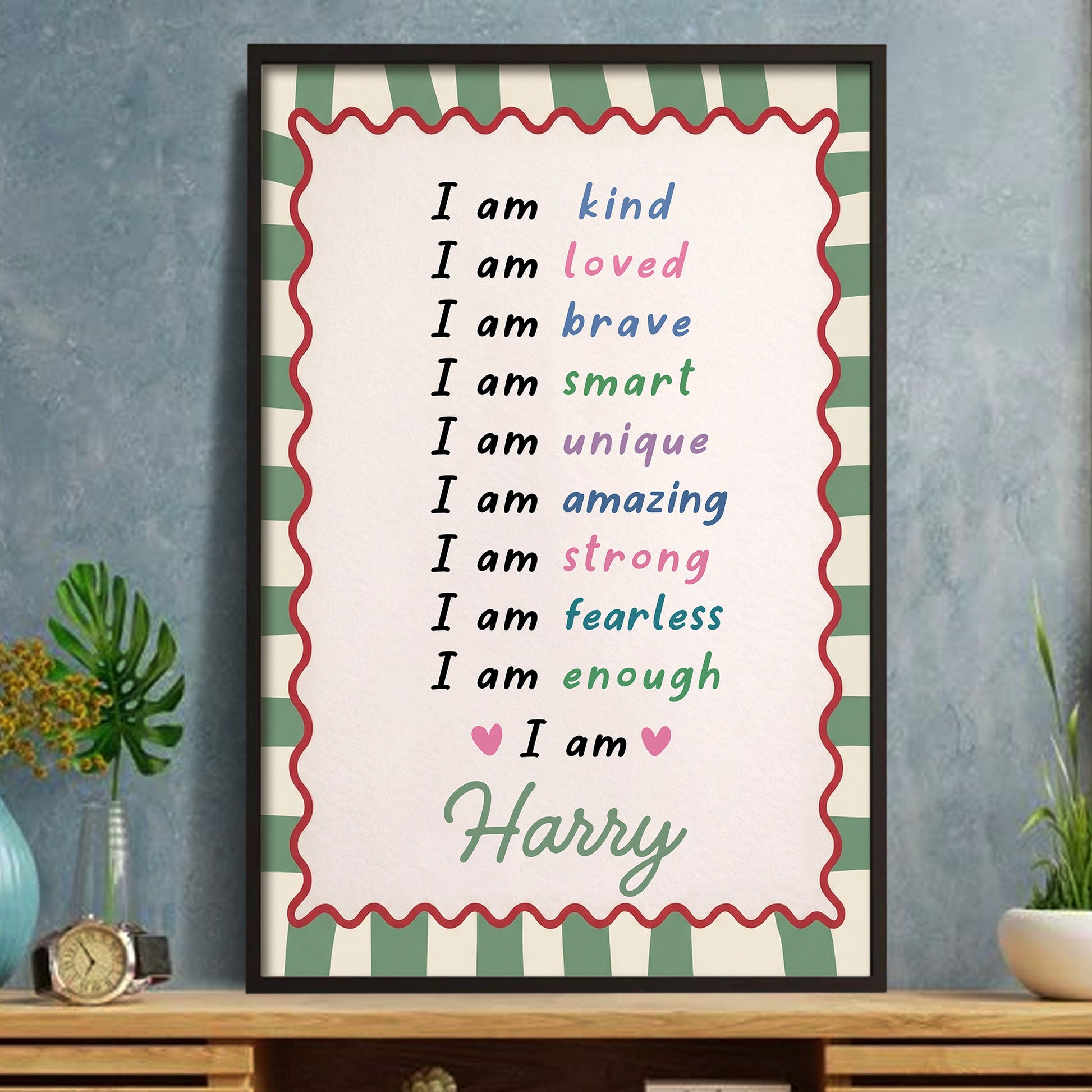 I Am Kind Loved Brave Affirmations With Hearts And Pink Stripes