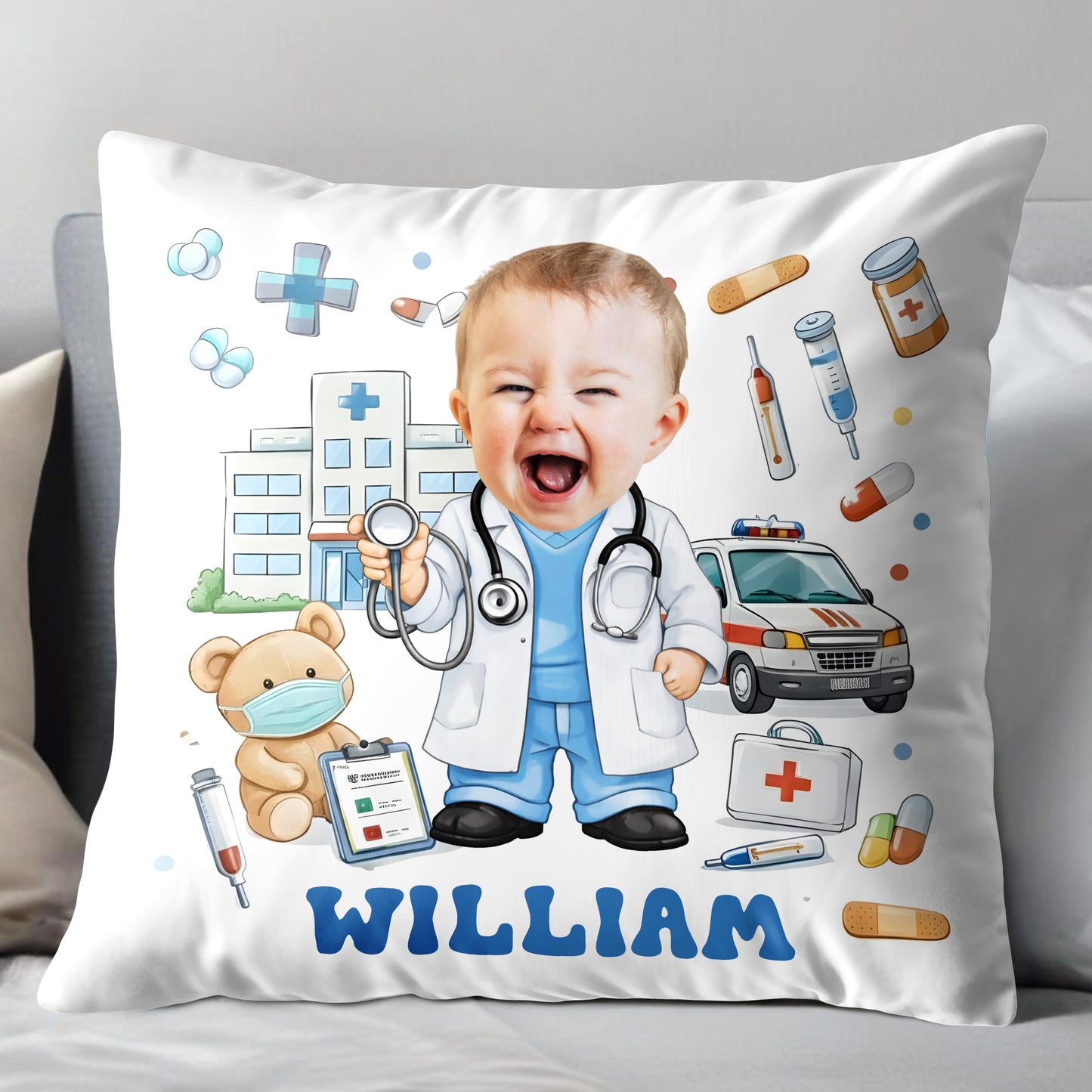 Custom Cute Baby Doctor with Medical Tools and Teddy Bear