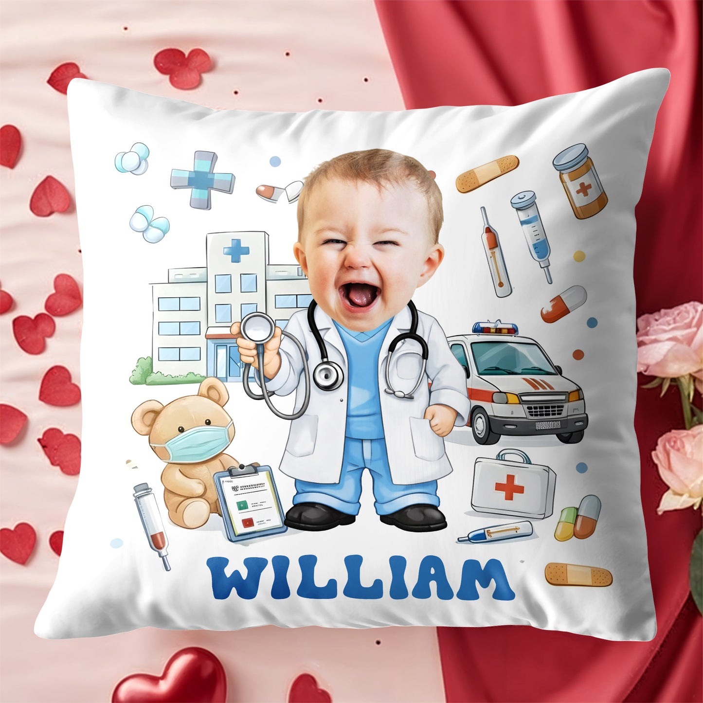 Custom Cute Baby Doctor with Medical Tools and Teddy Bear