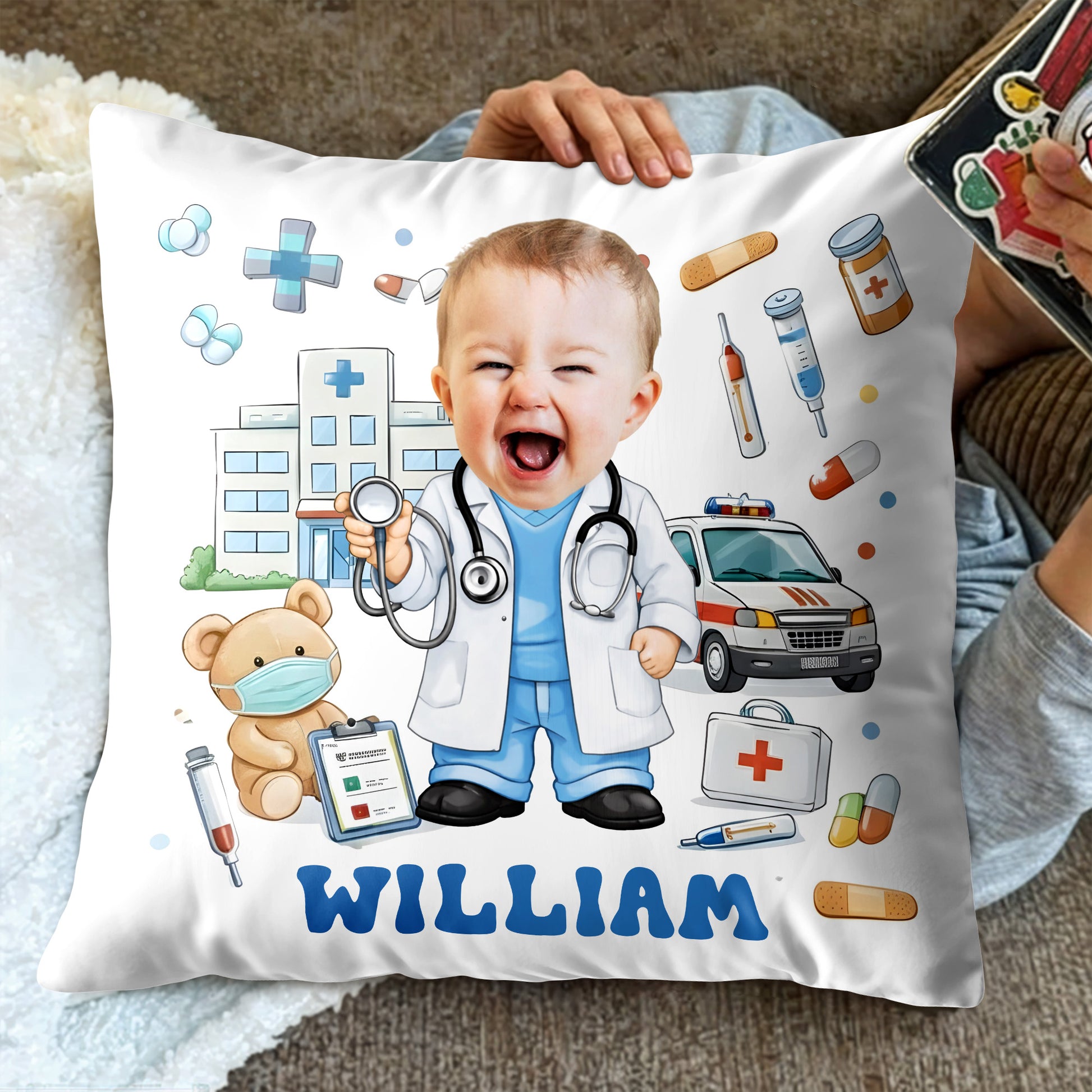 Custom Cute Baby Doctor with Medical Tools and Teddy Bear