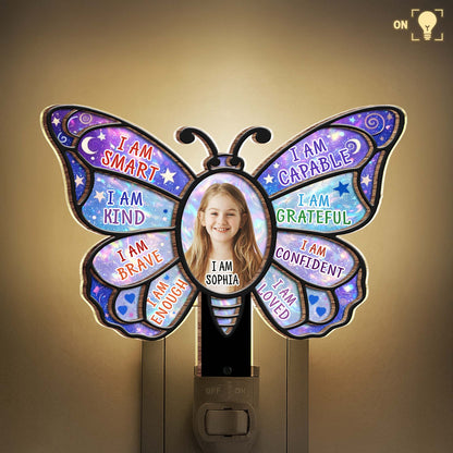 I Am Smart Kind Brave Butterfly Affirmations With Custom Photo - Personalized Custom Wood and Acrylic Night Light - KID580_WANILI