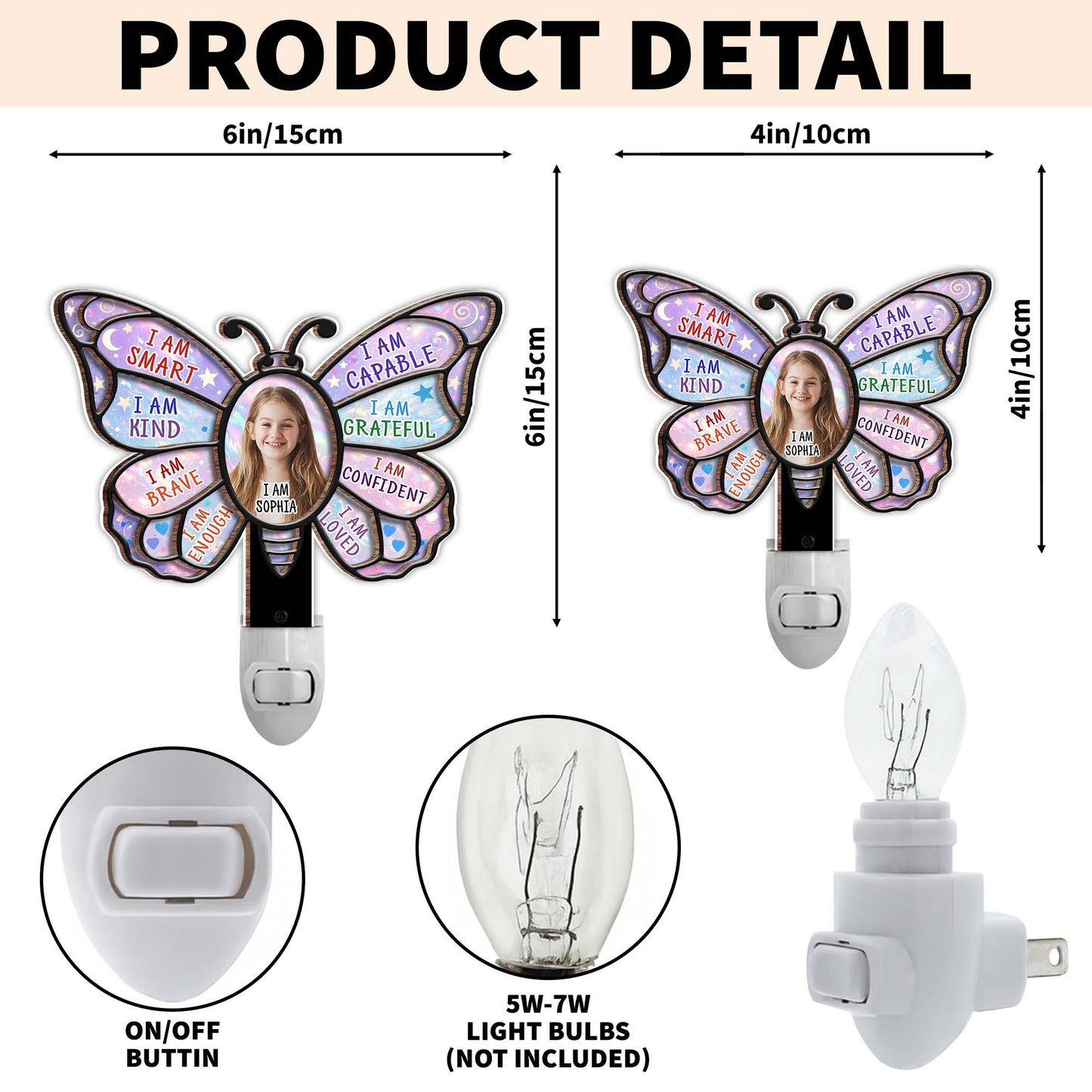 I Am Smart Kind Brave Butterfly Affirmations With Custom Photo - Personalized Custom Wood and Acrylic Night Light - KID580_WANILI