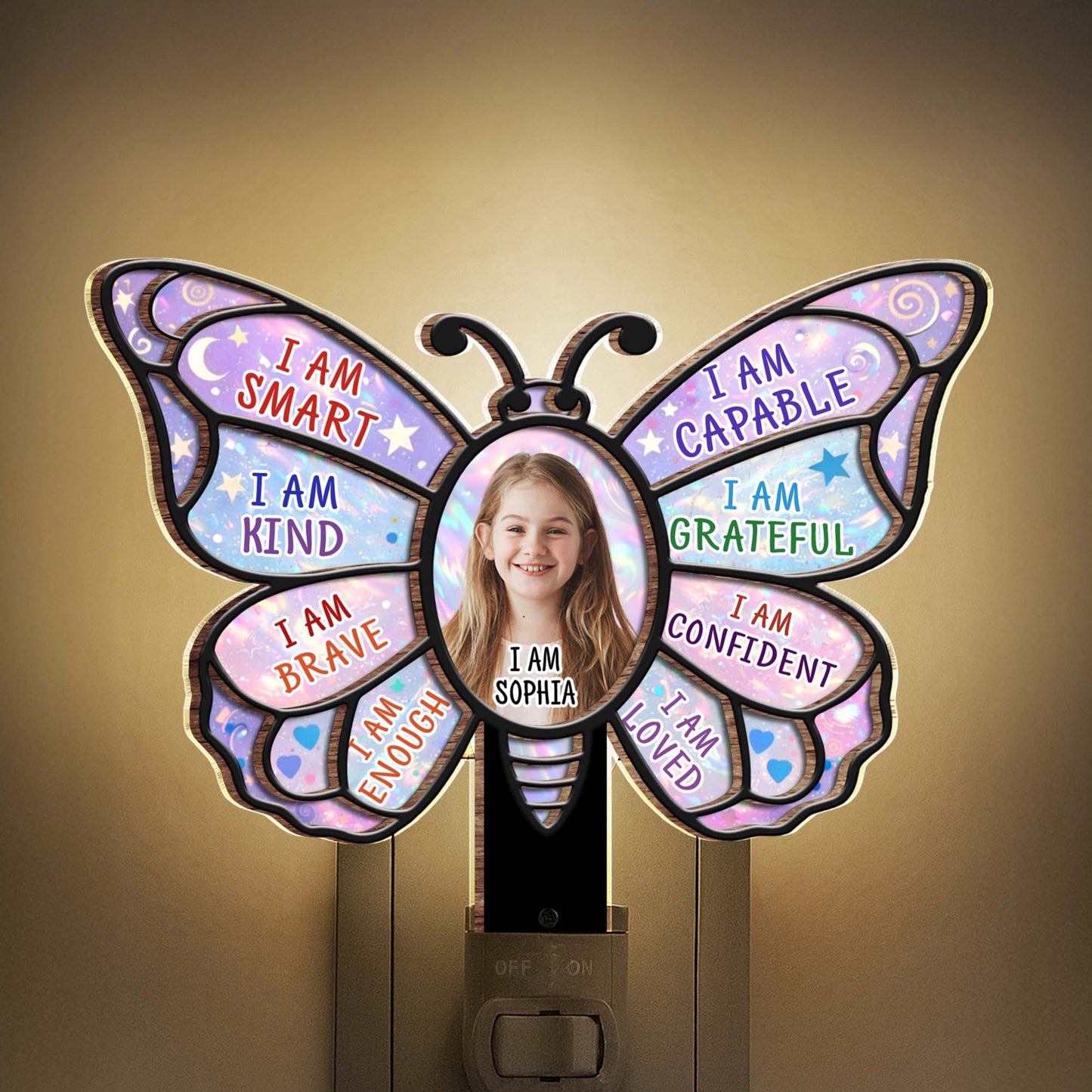 I Am Smart Kind Brave Butterfly Affirmations With Custom Photo - Personalized Custom Wood and Acrylic Night Light - KID580_WANILI