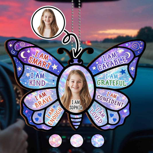 I Am Smart Positive Affirmations Butterfly With Custom Photo - Personalized Custom Wood Ornament, Car Hanging Ornament - KID580_WCA