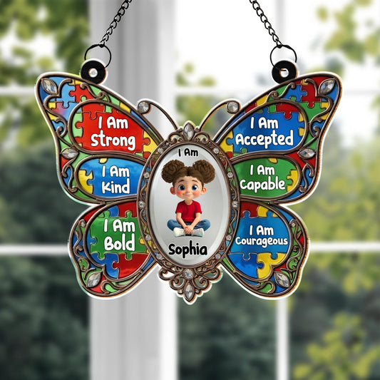 I Am Strong Kind Bold Affirmations Butterfly With Puzzle Pieces - Personalized Custom Suncatcher - KID622_CSUN