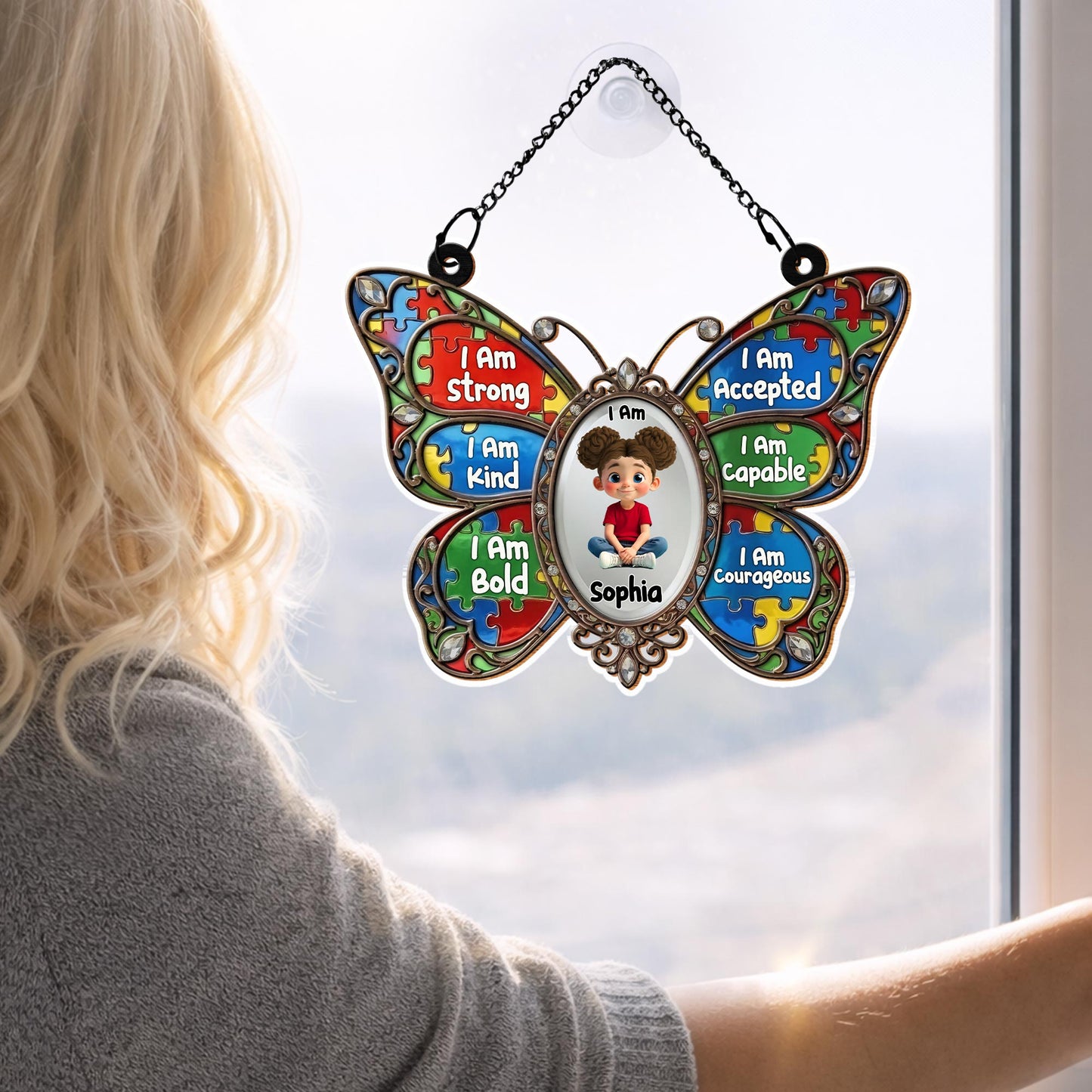 I Am Strong Kind Bold Affirmations Butterfly With Puzzle Pieces - Personalized Custom Suncatcher - KID622_CSUN