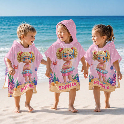 Little Girl Underwater Sea Friends Summer Fun Snorkel Mask And Crab - Personalized Kids Hooded Beach Towel - KID704_HOTOKI