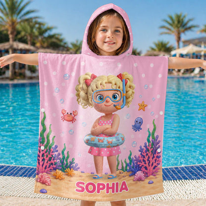 Little Girl Underwater Sea Friends Summer Fun Snorkel Mask And Crab - Personalized Kids Hooded Beach Towel - KID704_HOTOKI