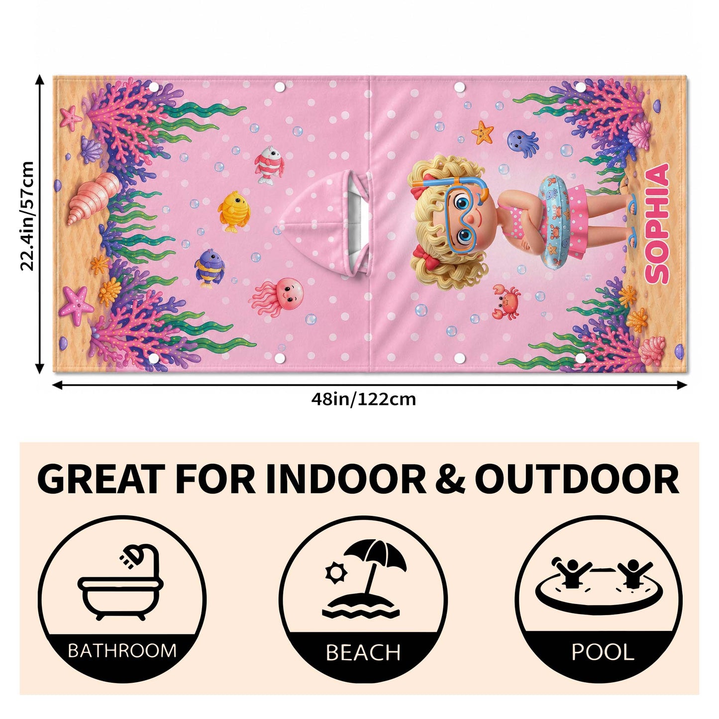 Little Girl Underwater Sea Friends Summer Fun Snorkel Mask And Crab - Personalized Kids Hooded Beach Towel - KID704_HOTOKI