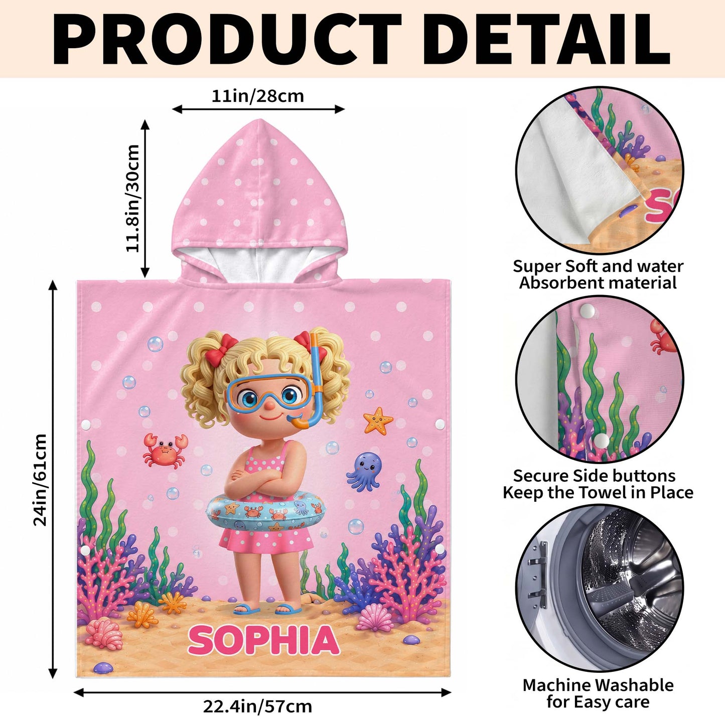 Little Girl Underwater Sea Friends Summer Fun Snorkel Mask And Crab - Personalized Kids Hooded Beach Towel - KID704_HOTOKI