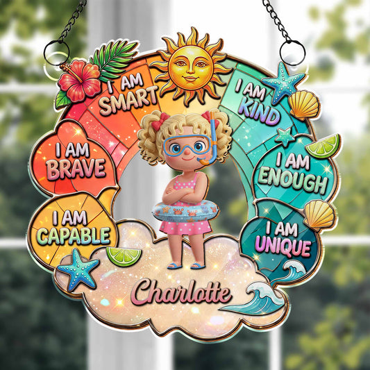 I Am Smart Kind Brave Affirmations Rainbow Sun Beach Art - Personalized Custom Suncatcher - KID705_CSUN