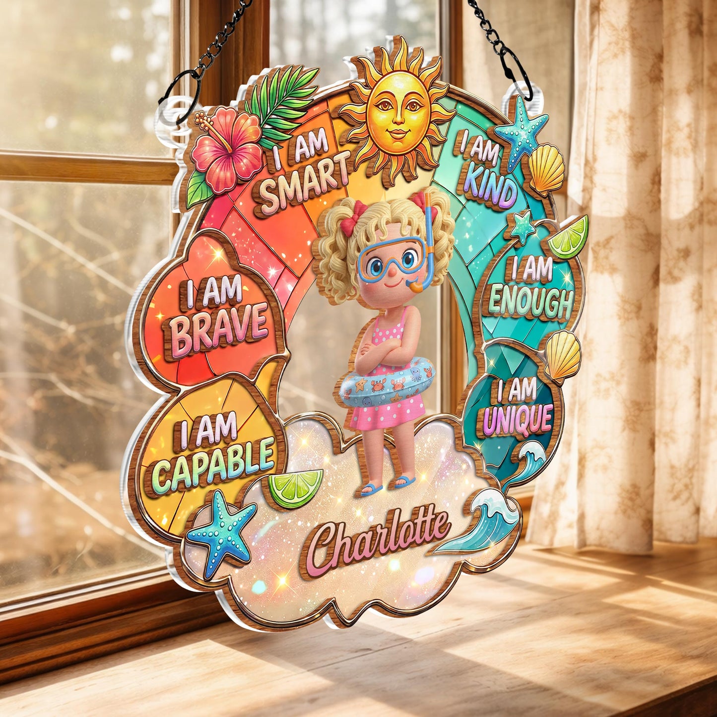 I Am Smart Kind Brave Affirmations Rainbow Sun Beach Art - Personalized Custom Suncatcher - KID705_CSUN