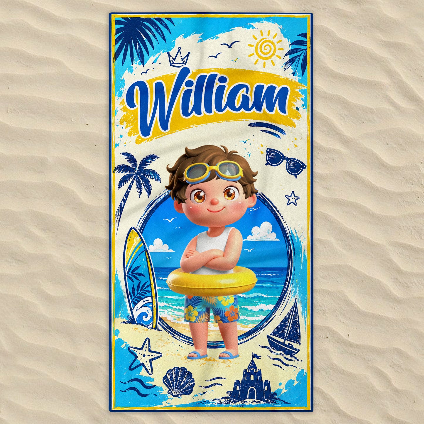 Sun Sand And Surf Making Waves At The Beach With Boy And Surfboard - Personalized Beach Towel - KID838_BETO