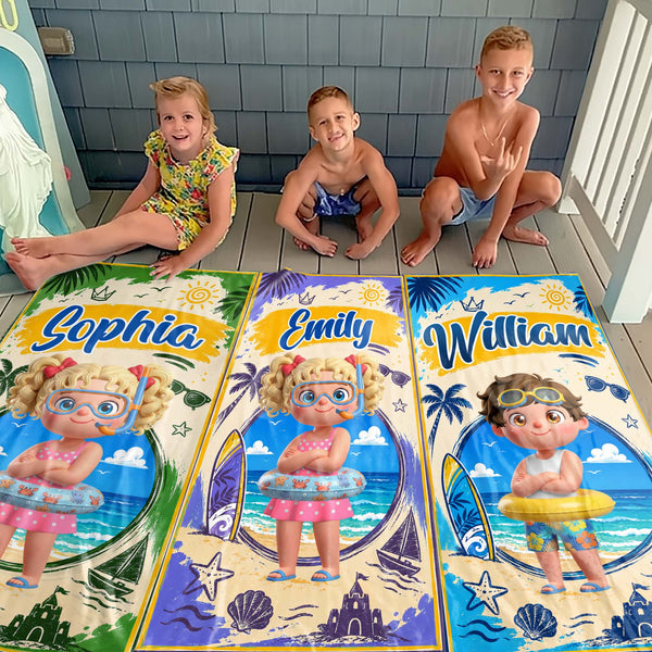 Sun Sand And Surf Making Waves At The Beach With Boy And Surfboard - Personalized Beach Towel - KID838_BETO