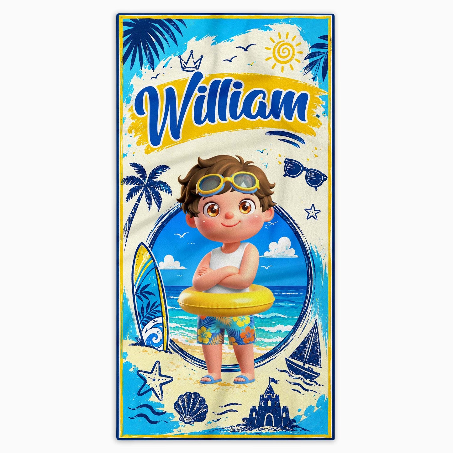 Sun Sand And Surf Making Waves At The Beach With Boy And Surfboard - Personalized Beach Towel - KID838_BETO
