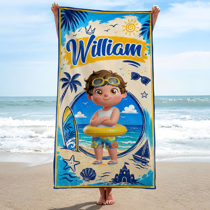 Sun Sand And Surf Making Waves At The Beach With Boy And Surfboard - Personalized Beach Towel - KID838_BETO