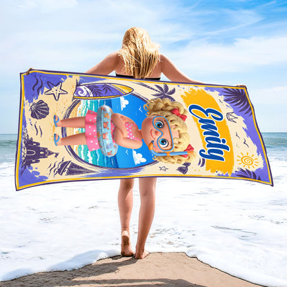 Sun Sand And Surf Making Waves At The Beach With Boy And Surfboard - Personalized Beach Towel - KID838_BETO